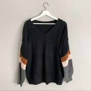 Black V Neck Color Block Sleeve Oversized Sweater